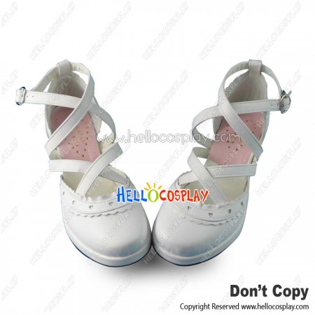 Lolita Shoes Ankle Crossing Straps Princess Chunky Lacing Ruffle White Sandals
