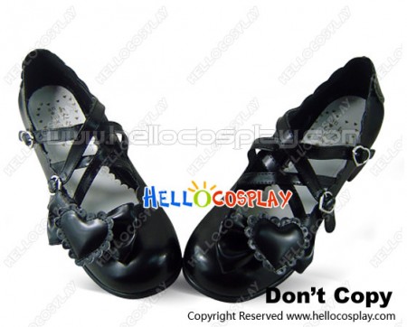 Black Heart Shaped Bow Chunky Princess Lolita Shoes