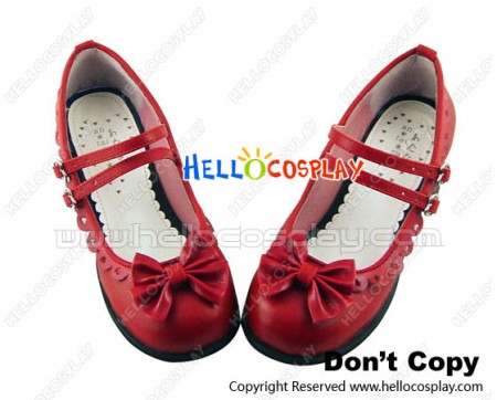 Matt Wine Red Ruffle Instep Straps Chunky Princess Lolita Shoes