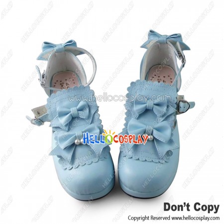 Princess Lolita Shoes Sky Blue Retro Ankle Strap Bows Heart Shaped Buckles