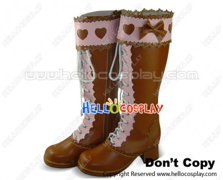 Light Brown Pink Heart Ruffle Chunky Princess Lolita Long Boots