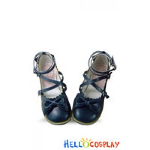 Dark Blue Bows Ruffle Sweet Chunky Princess Lolita Shoes