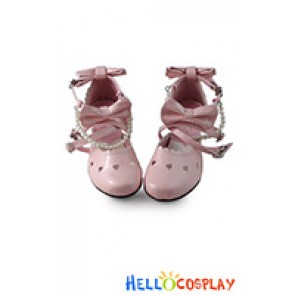 Sweet Lolita Shoes Pink Chunky Crossing Straps Pearl Chain Scalloped