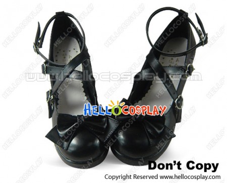 Black Ruffle Bow Straps Chunky Princess Lolita Shoes