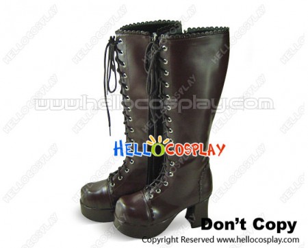 Brown Lace And Zipper Ruffle Chunky Punk Lolita Boots