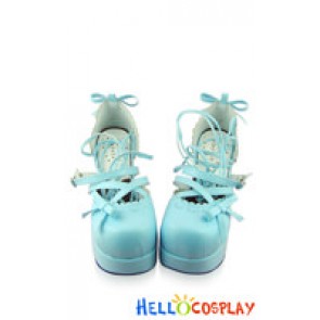 Matt Blue Straps Bow Chunky Princess Lolita Shoes