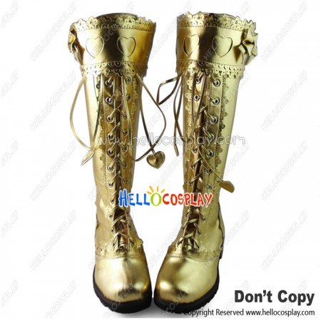 Princess Lolita Boots Gold Heart Ruffle Chunky Princess Heart Shaped Shoelace