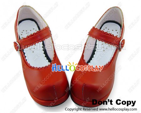 Wine Red Single Ruffle Strap Chunky Princess Lolita Shoes