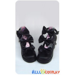 Black Three Bows Ruffle Chunky Princess Lolita Shoes