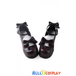 Sweet Lolita Shoes Chunky Brown Ankle Strap Bows White Lace Heart Shaped Buckle