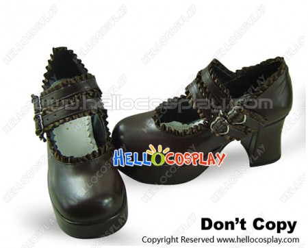 Brown Satin Ruffle Double Straps Chunky Sweet Lolita Shoes