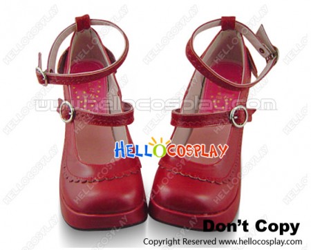 Wine Red Back Ruffle Strap Chunky Princess Lolita Shoes