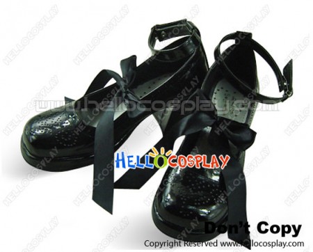 Black Satin Bow Ankle Strap Chunky Sweet Lolita Shoes