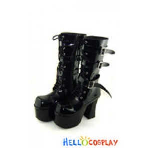 Mirror Black Buckle Straps Lace Up Chunky Punk Lolita Boots