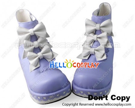 Princess Lolita Short Boots Purple White Three Bows Platform Sweet Lace