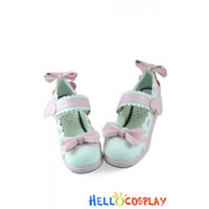 Pink And White Bow Lace PU Lolita Single Band Round Toe Shoes