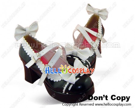 White Lace Bow Crisscross Black PU Leather Chunky Heel Shoes